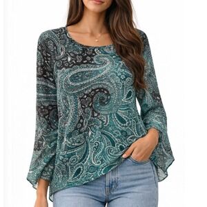 Petite Paisley Rhinestone Teal Black 3/4 Sleeve Blouse PP